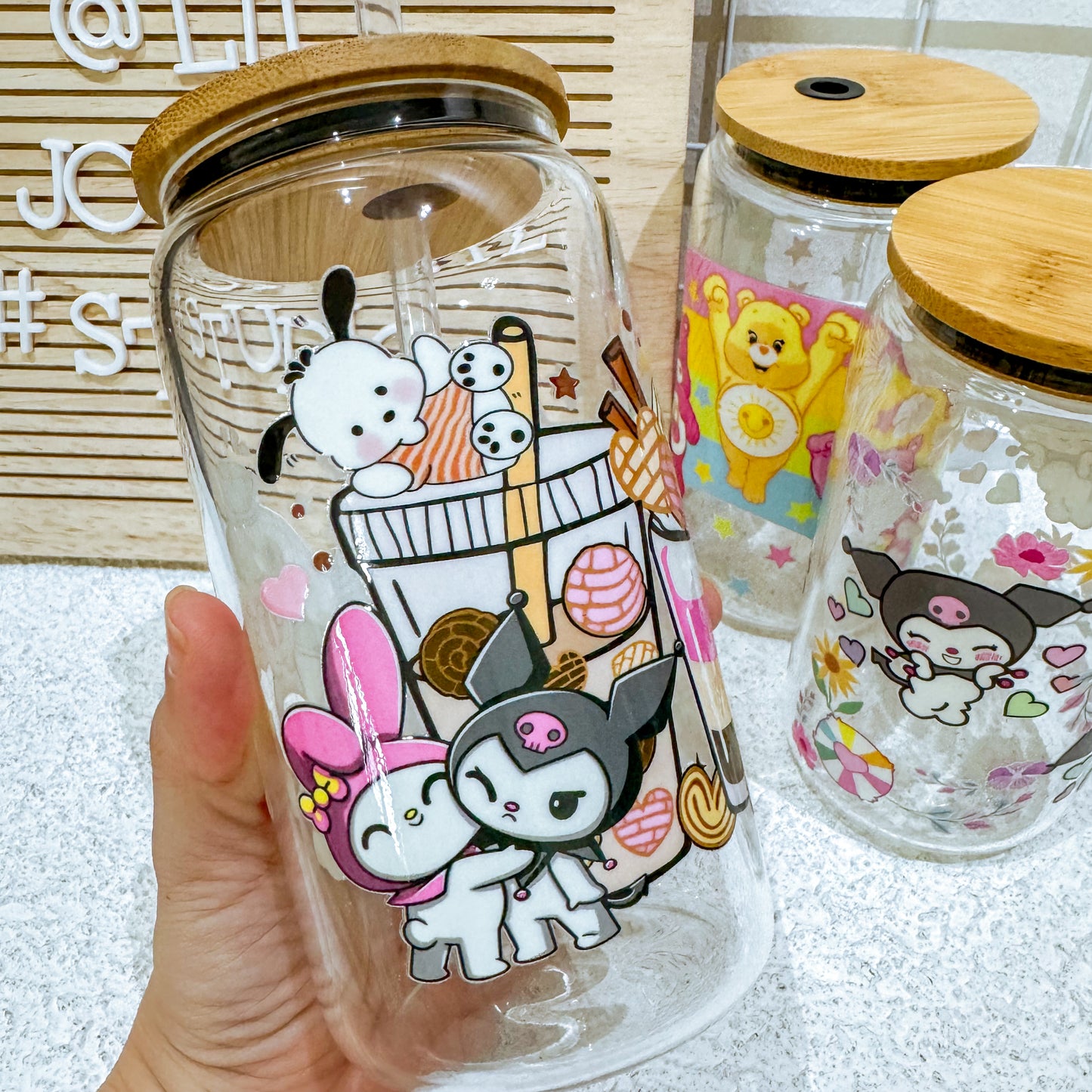 16oz Glass Straw Cup - Care Bears & Sanrio