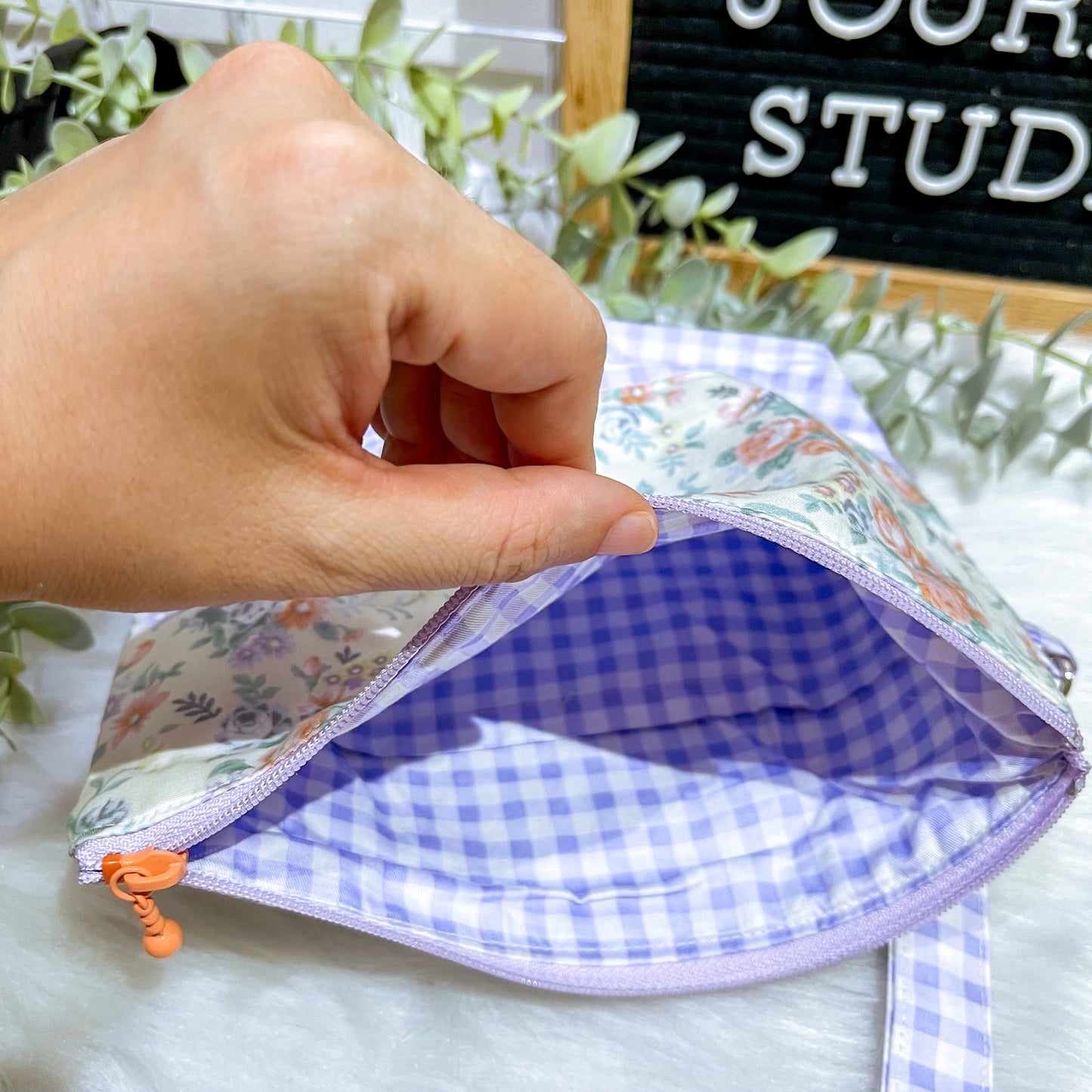 Lavender Gingham Floral Base Pouch