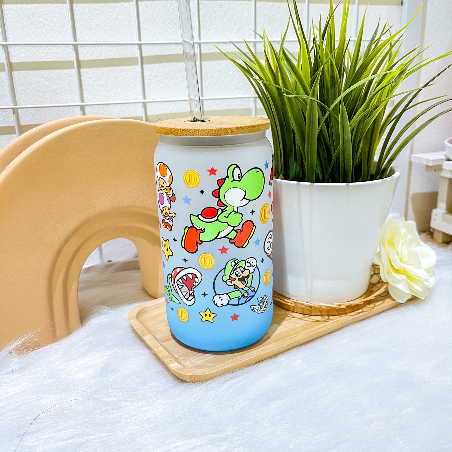16oz Glass Straw Cup - Super Mario