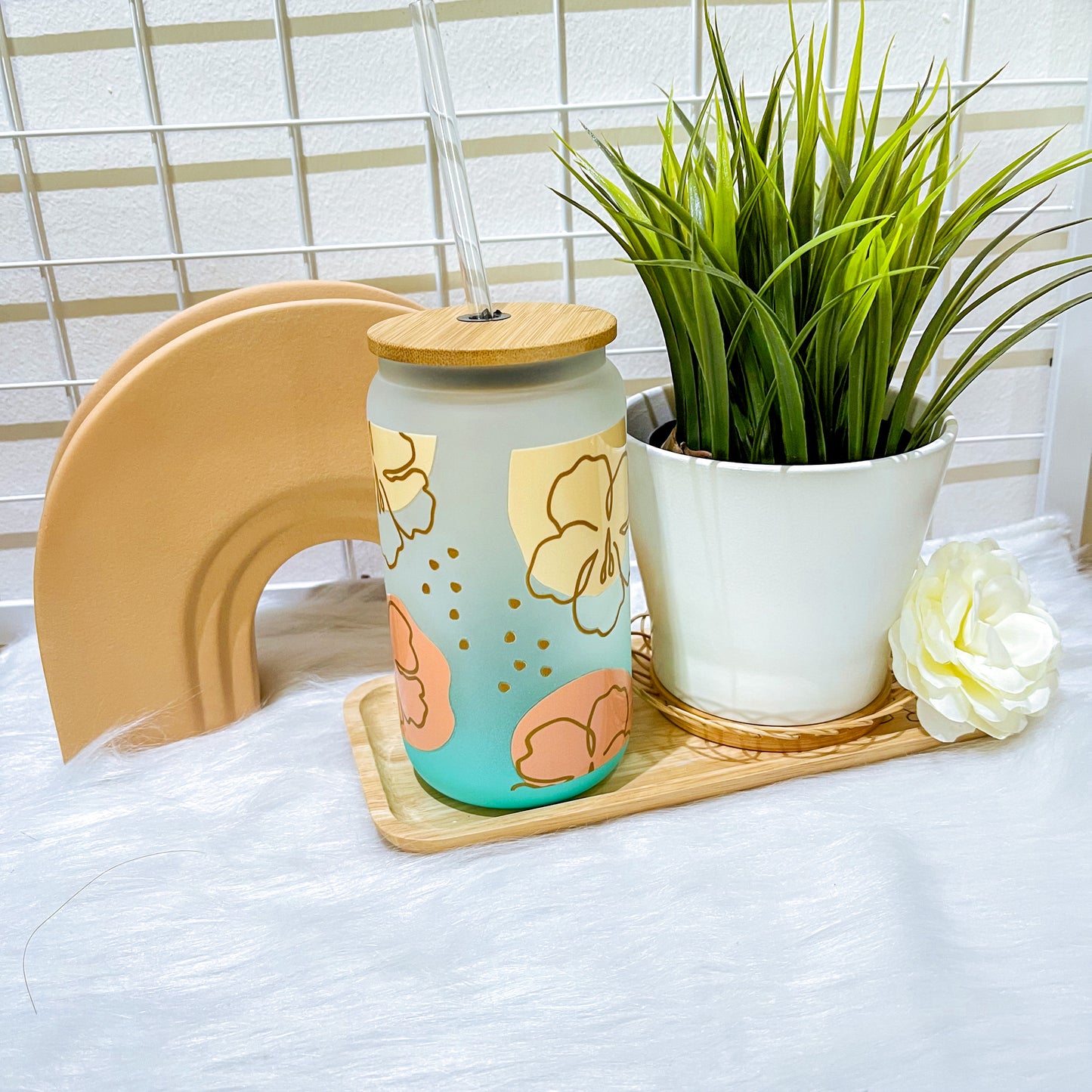 16oz Glass Straw Cup - Summer Floral
