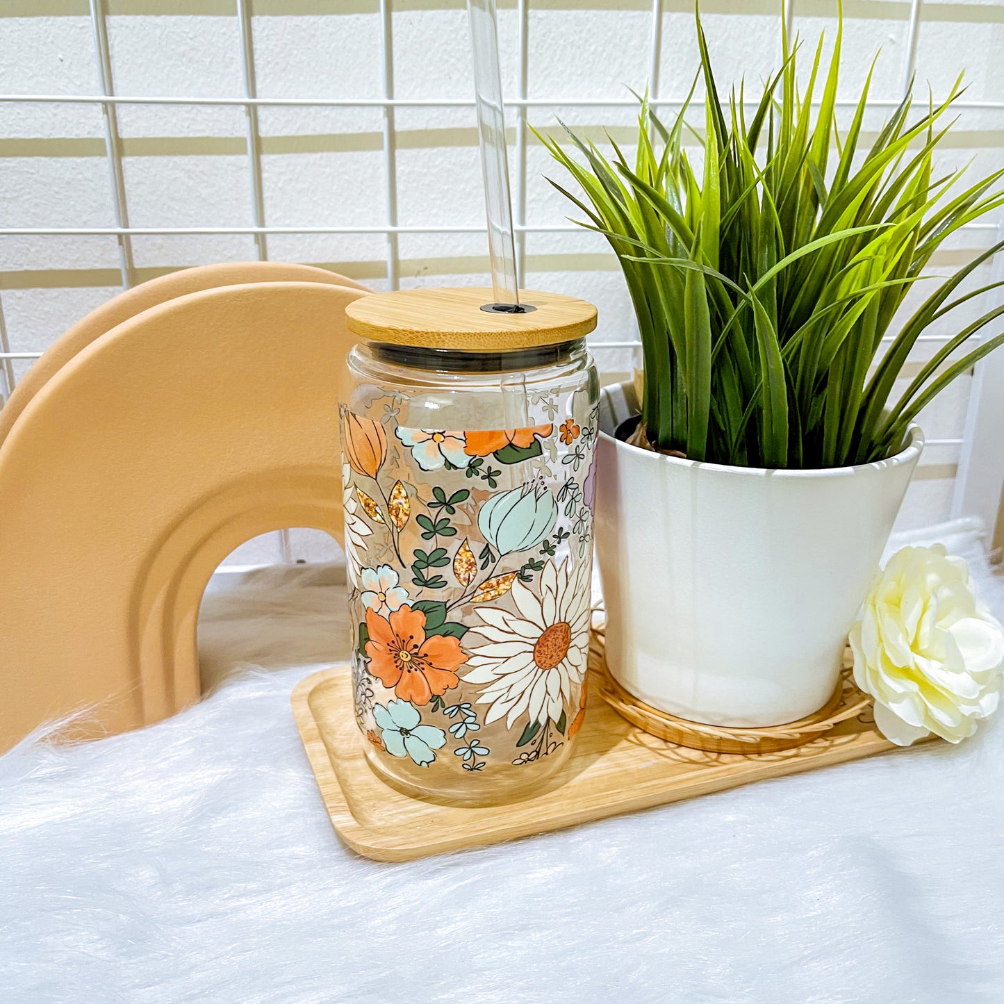 16oz Glass Straw Cup - Floral Bloom