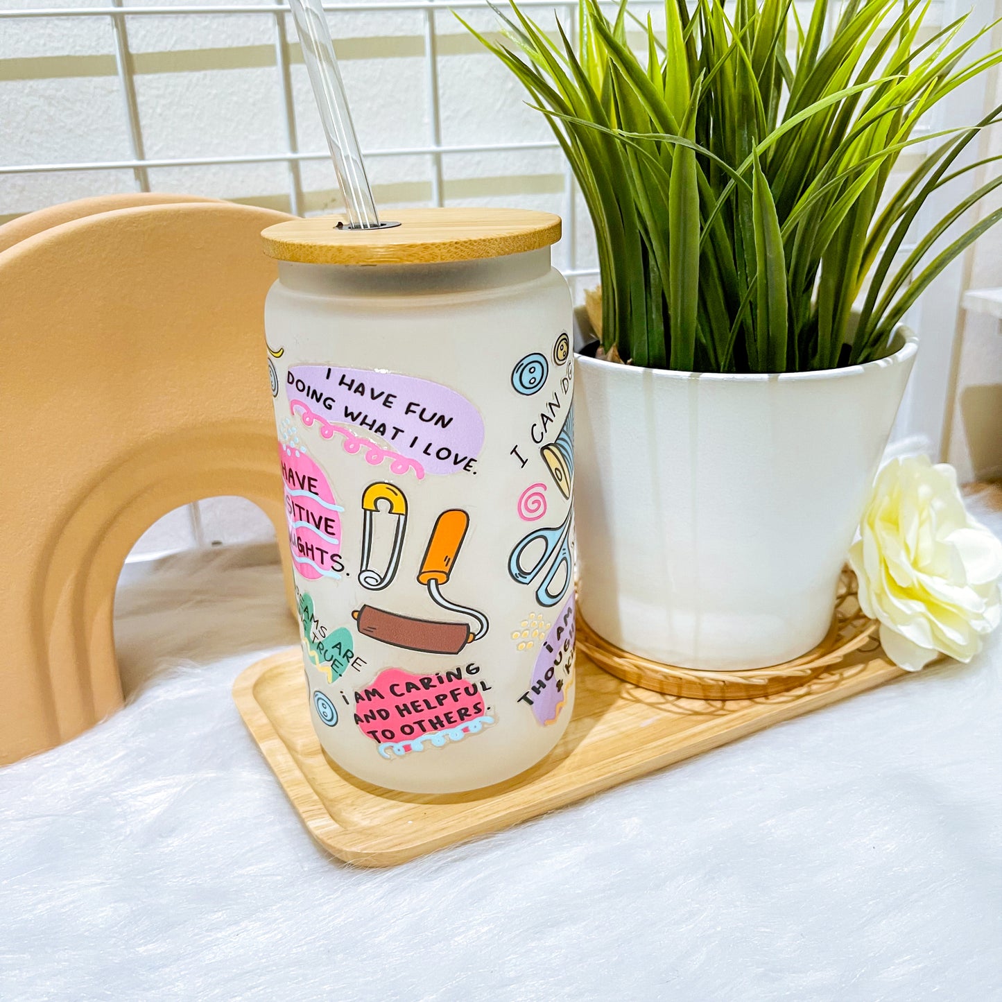 16oz Glass Straw Cup - Crafty Girl