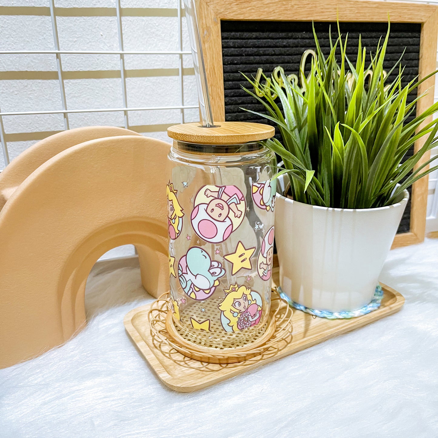 16oz Glass Straw Cup - Princess Peach