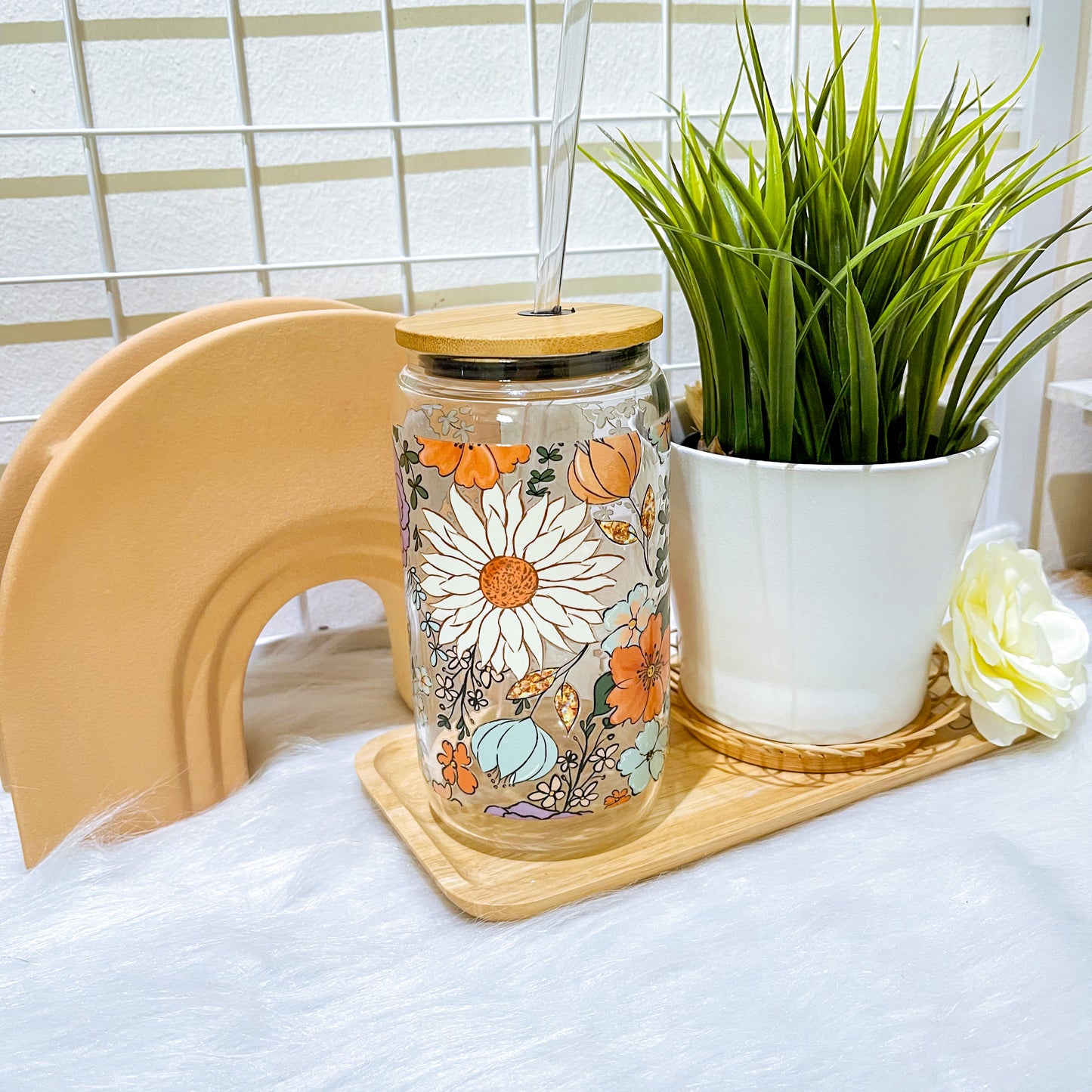 16oz Glass Straw Cup - Floral Bloom